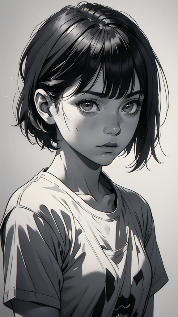 1 boyish girl, solo, sharp eyes, expressionless, monochrome, greyscale, short black hair, portrait, white T-shirt, closed mouth, looking at viewer, graphite \(medium\), detailed lips, hatching \(texture\), without makeup, bangs, upper body, (best illustration), (best quality), (very detailed), (masterpiece), expressionless, perfect lighting,