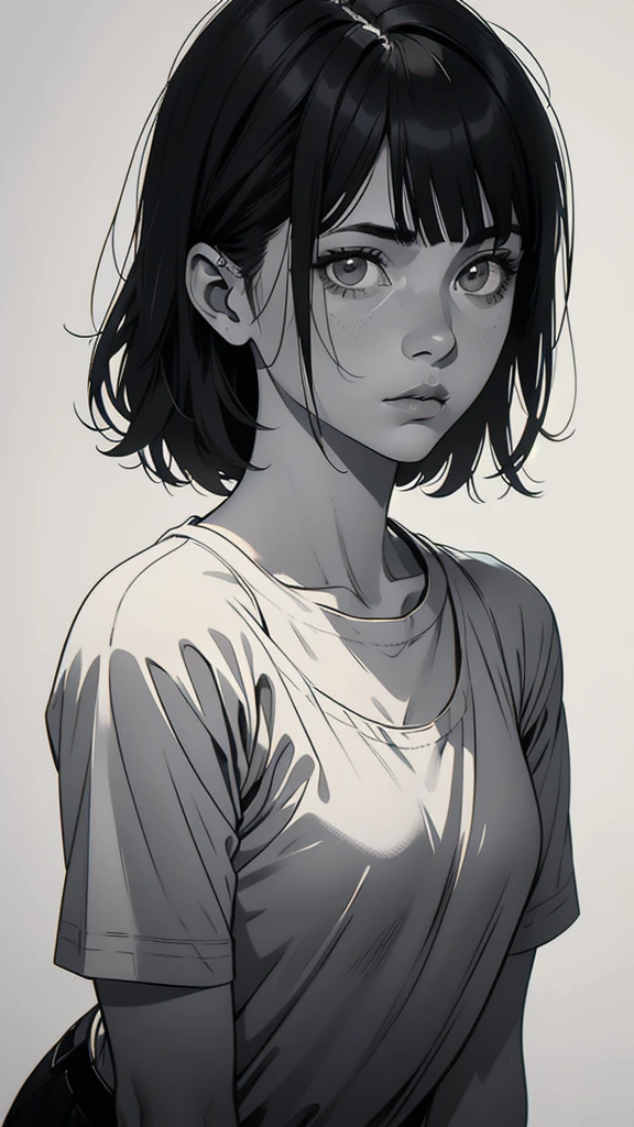 1 boyish girl, solo, sharp eyes, expressionless, monochrome, greyscale, short black hair, portrait, white T-shirt, closed mouth, looking at viewer, graphite \(medium\), detailed lips, hatching \(texture\), without makeup, bangs, upper body, (best illustration), (best quality), (very detailed), (masterpiece), expressionless, perfect lighting,