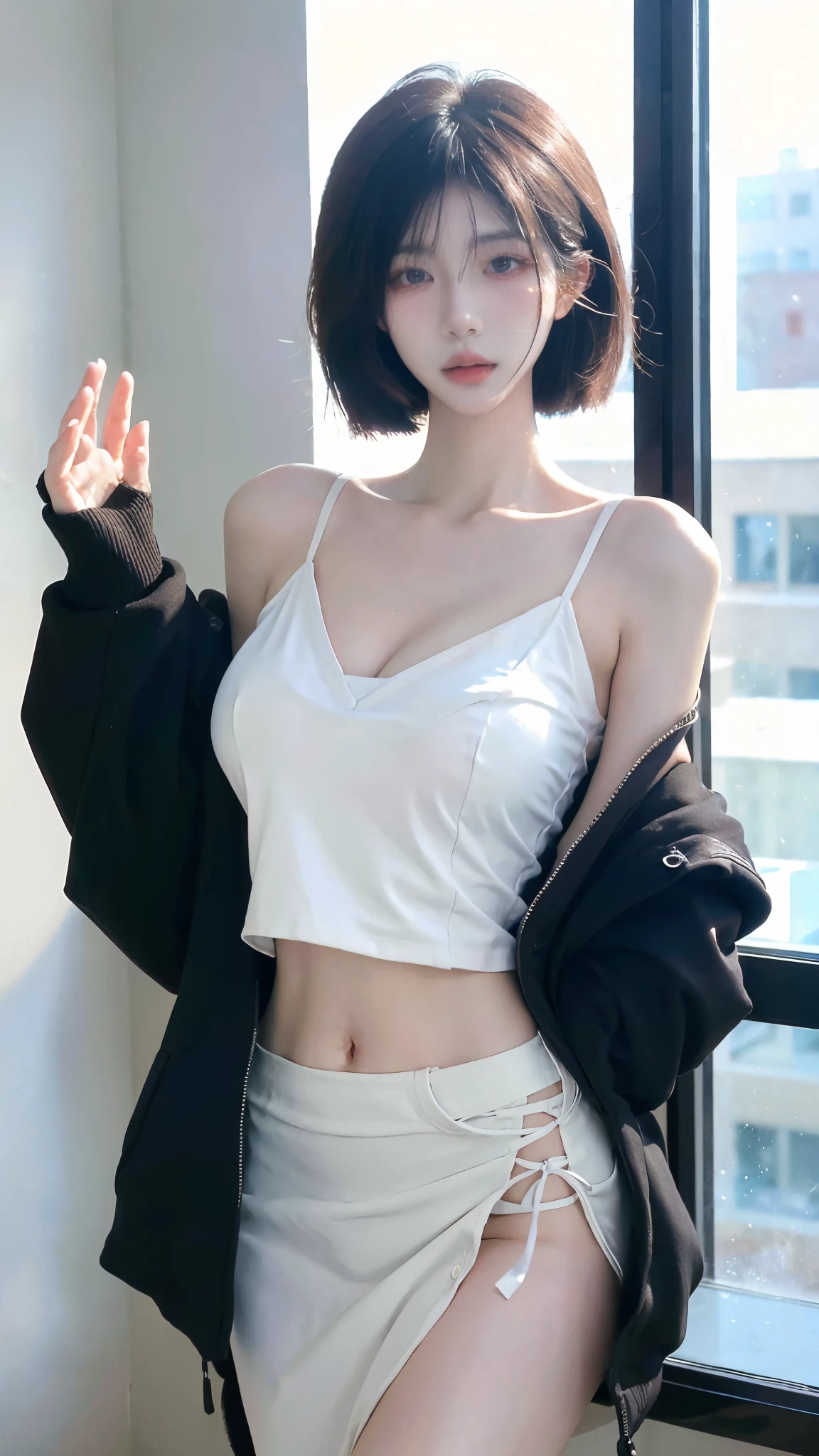 Beautiful woman with perfect figure:1.4,snow,Touching butt with both hands,snow background,Layered Hairstyle,White skin,Prominent cleavage,Pleated Skirt,whole body,Very delicate face and skin texture,Double eyelids,Skin Whitening,Long white hair