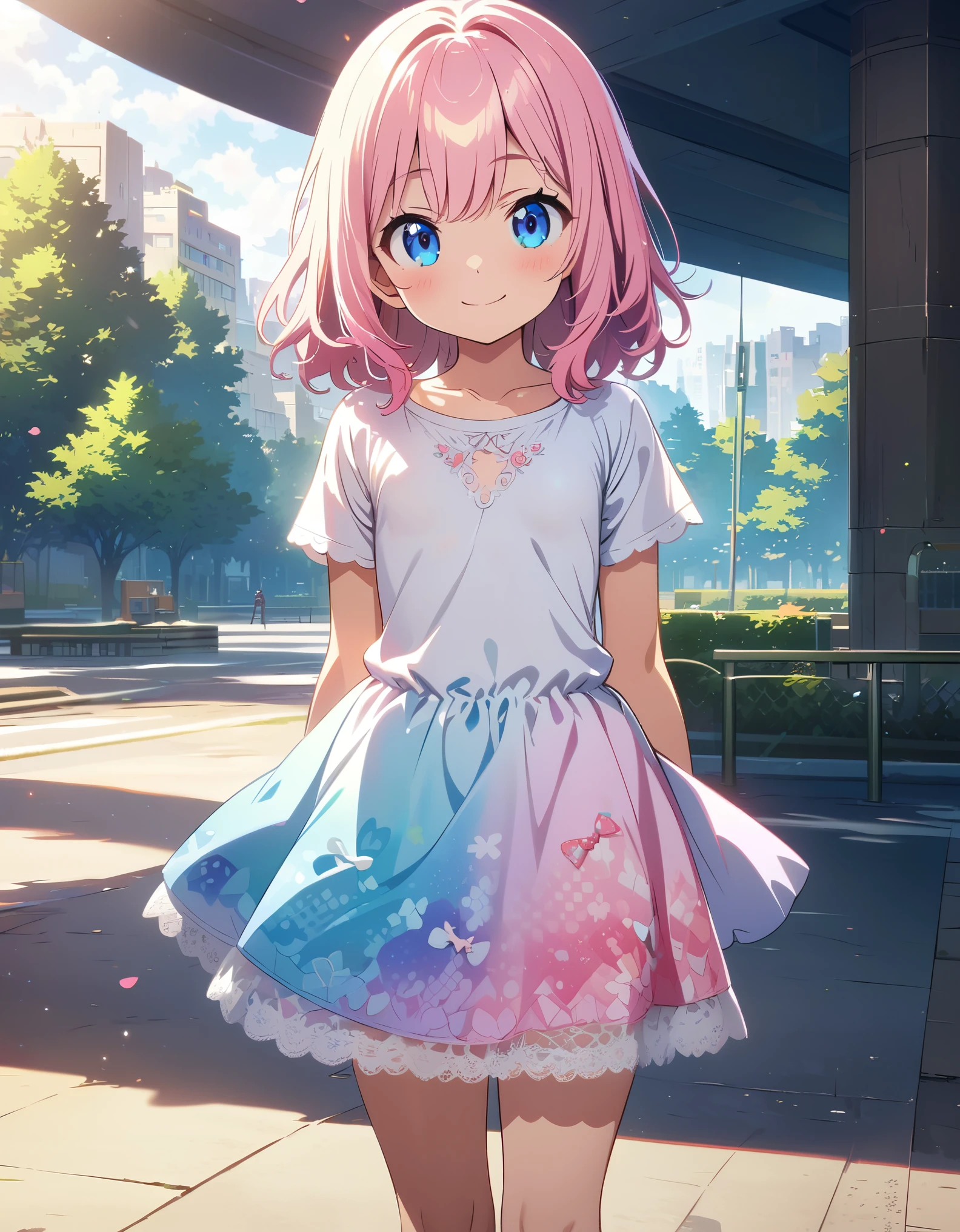 (masterpiece:1.2), best quality, highres, original, (extremely detailed:1.2), ultra-detailed, wallpaper, perfect lighting,(extremely detailed CG:1.2), 8k, anime illustration, HD, 1boy, crossdressing, cute, kawaii, pink hair, (blue eyes, smiling, happy:1.2), (Harajuku-style loose T-shirt, white tiered skirt, anime pattern on T-shirt, lace hemline, knee-length skirt, delicate clothes, flat chest, breastless:1.3), (anatomically correct:1.4), standing, looking at viewer, frontal, close-up, youthful appearance, urban park background, afternoon light