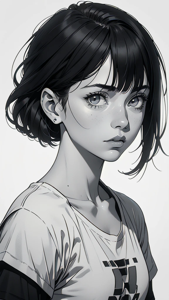 1 boyish girl, solo, sharp eyes, expressionless, monochrome, greyscale, short black hair, portrait, white T-shirt, closed mouth, looking at viewer, graphite \(medium\), detailed lips, hatching \(texture\), without makeup, bangs, upper body, (best illustration), (best quality), (very detailed), (masterpiece), expressionless, perfect lighting,