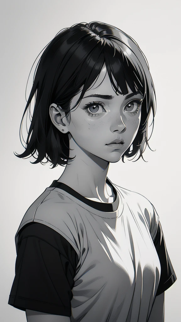 1 boyish girl, solo, sharp eyes, expressionless, monochrome, greyscale, short black hair, portrait, white T-shirt, closed mouth, looking at viewer, graphite \(medium\), detailed lips, hatching \(texture\), without makeup, bangs, upper body, (best illustration), (best quality), (very detailed), (masterpiece), expressionless, perfect lighting,