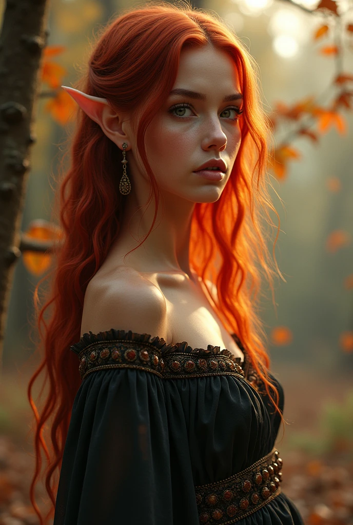 Realistic female dark autumn eladrin elf with dark orange skin and red hair 