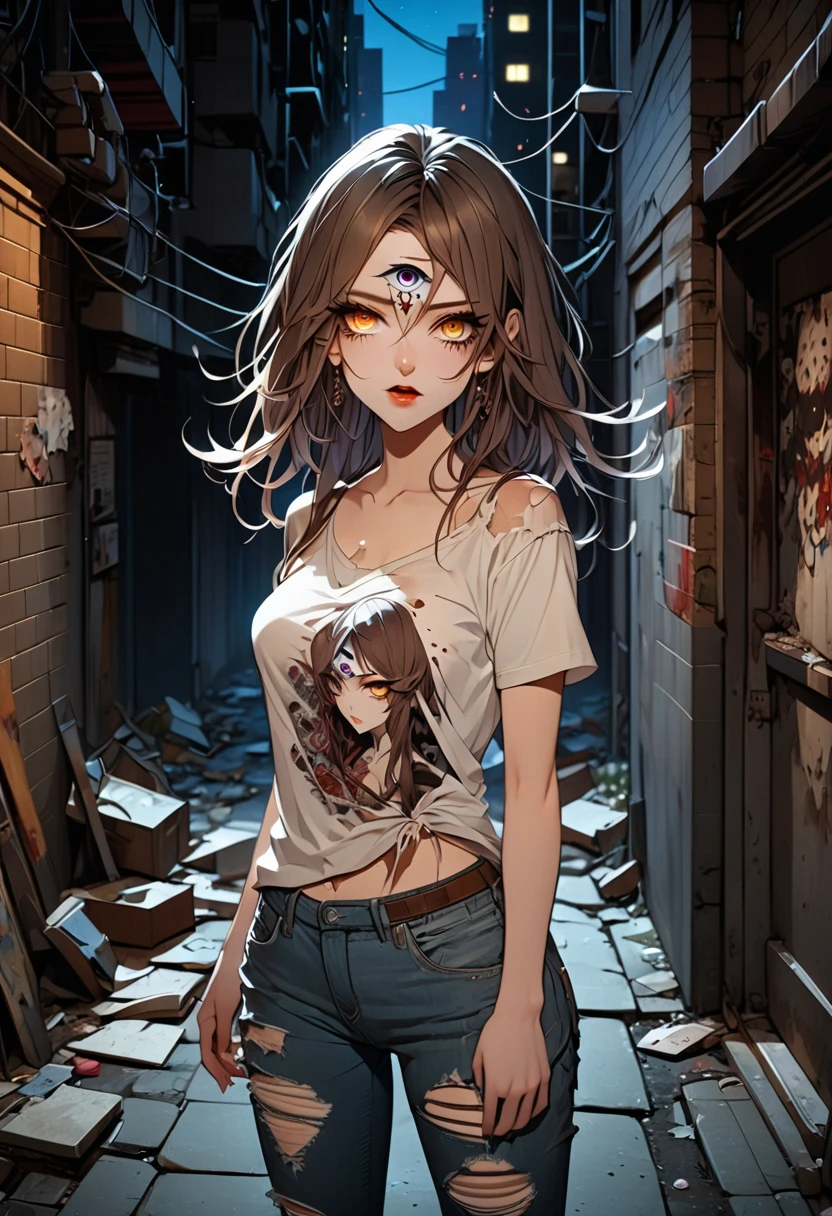 (good quality), (many details), (masterpiece), young woman, worn, torn clothes, wild brown hair, torn jeans, old shirt (broken), at night, in an alley, modern city, vampire, third eye awakes, eye on forehead, third eye, three eyes