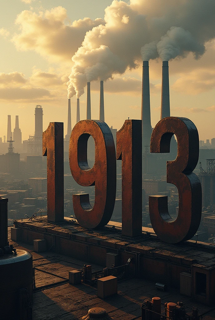An image that looks like the factories but shows the date 1913 in large format but the Ford factories in the background. shows 1913 in a big way with the Ford factory