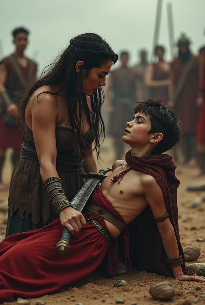 Realism, super quality, action photography style, a defeated woman kneels, her son () holds the tip of a sword to a woman's throat, knife stab in the throat, Her head is thrown back strongly.., the woman has a large manly Adam's apple, (woman - 30 year old warrior, throat slit, gothic makeup, pale skin, long hair) (son is ) ancient greece battle