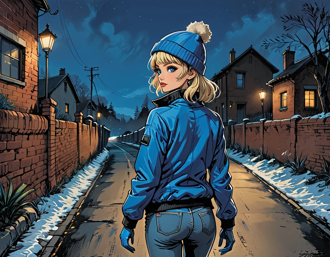 (((night))), dark, looks away, ((high brick fence)), ((tropics)),(palm), fullbody from the back, ((back view girl in Blue zipped up down winter jacket and black turtleneck )) and (((jeans))) and blue gloves and (((blue winter hat)))) ((walking)) on the road with brick fence, adult, [Nordic], Hourglass elongated fitness body, perfect Olive skin, Oval Face, Rounded shoulders, perfect hand, Attached Pointed ears, round forehead, (Short blonde Waves pixie hair), snub nose, ((Monolid blue Eyes)), High Round Narrow cheekbones, Dimpled Cheeks, Rounded Chin, Rounded Jawline, Full nude Lips, (blue eyes), Nude Makeup Look, long eyelashes, long slim fitness legs, graphic style of novel comics, perfect hands, 2d, 8k, hyperrealism, masterpiece, high resolution, best quality, ultra-detailed, super realistic, Hyperrealistic art, high-quality, ultra high res, highest detailed, lot of details, Extremely high-resolution details, incredibly lifelike, colourful, soft cinematic light, (looks away),