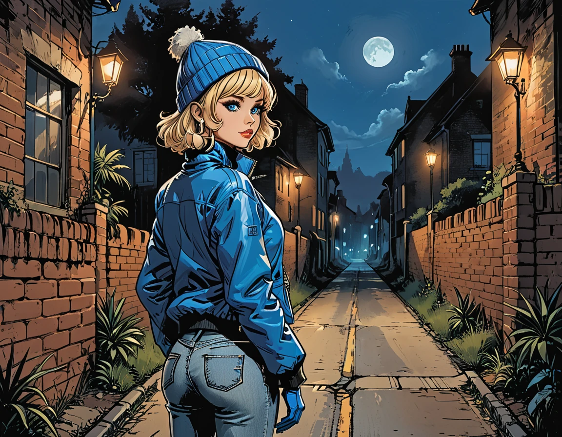 (((night))), dark, looks away, ((high brick fence)), ((tropics)),(palm), fullbody from the back, ((back view girl in Blue zipped up down winter jacket and black turtleneck )) and (((jeans))) and blue gloves and (((blue winter hat)))) ((walking)) on the road with brick fence, adult, [Nordic], Hourglass elongated fitness body, perfect Olive skin, Oval Face, Rounded shoulders, perfect hand, Attached Pointed ears, round forehead, (Short blonde Waves pixie hair), snub nose, ((Monolid blue Eyes)), High Round Narrow cheekbones, Dimpled Cheeks, Rounded Chin, Rounded Jawline, Full nude Lips, (blue eyes), Nude Makeup Look, long eyelashes, long slim fitness legs, graphic style of novel comics, perfect hands, 2d, 8k, hyperrealism, masterpiece, high resolution, best quality, ultra-detailed, super realistic, Hyperrealistic art, high-quality, ultra high res, highest detailed, lot of details, Extremely high-resolution details, incredibly lifelike, colourful, soft cinematic light, (looks away),
