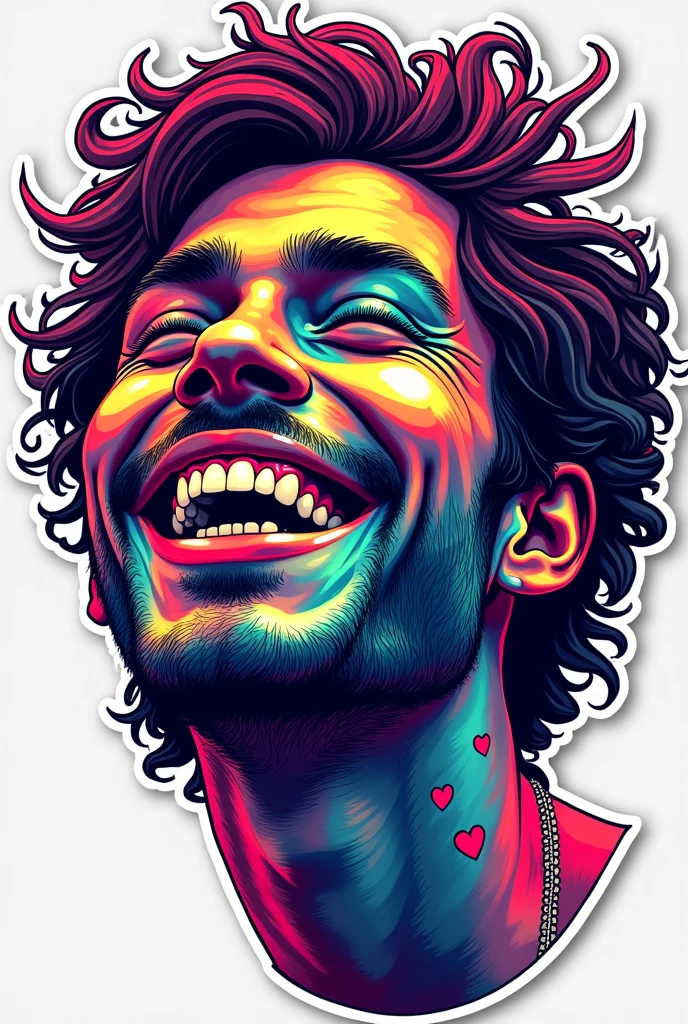Rosto de Homem de metal pintado, Colorido, soridente e rosto simpatico, expressa alegria, psicodélico, mundo fantasia, musica., sticker, 2d cute, fantasy, dreamy, vector illustration, 2d flat, centered, by Tim Burton, professional, sleek, modern, minimalist, graphic, line art, vector graphics