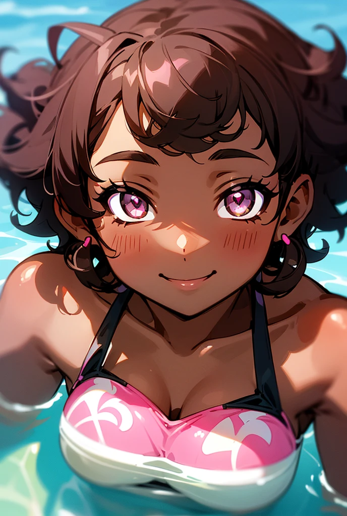 A  in a swimsuit with short curly dark hair, dark skin and brown eyes with pink heart pupils, smiling with pleasure and salivating slightly. 
