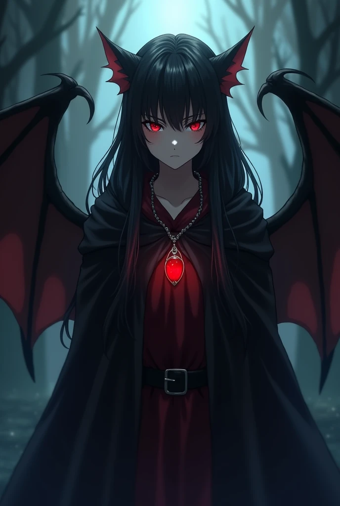 anime bat winged young woman alone, dark long hair, pointed human ears, wearing a pendant with red gemstone around her neck, wearing black cloak, Yu Yu Hakusho style anime