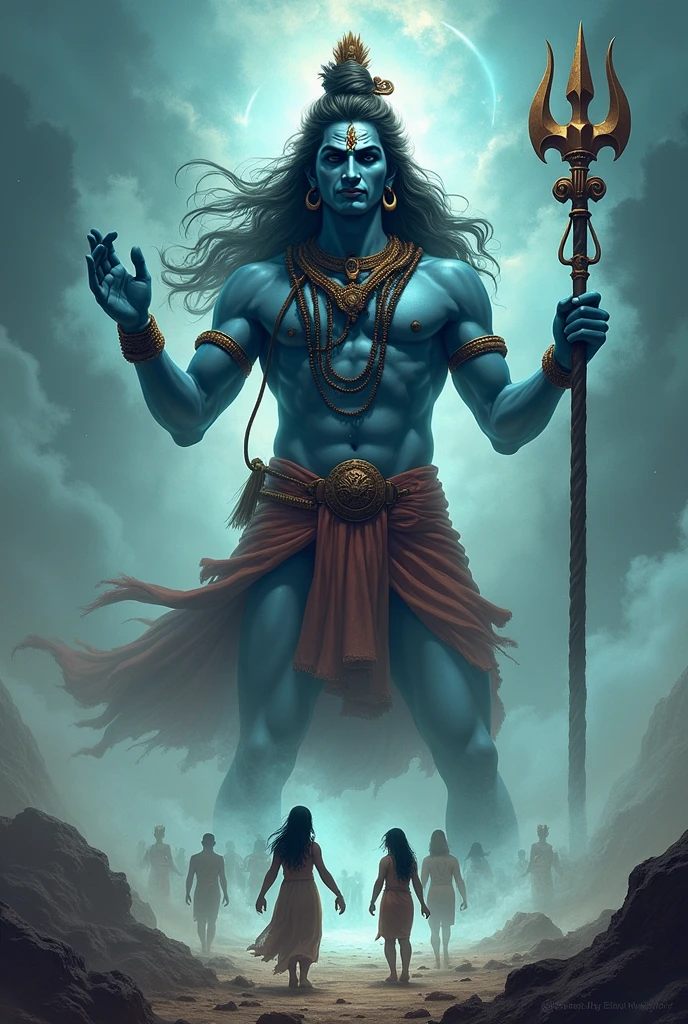 Angry shiv bhagwan, in one hand trishool, second hand showing us hand, shiv bhagwan have only two hands and humans are very small humans are wanting to shiv bhagwan and with background ghost and shiv bhagwan is looking to humans