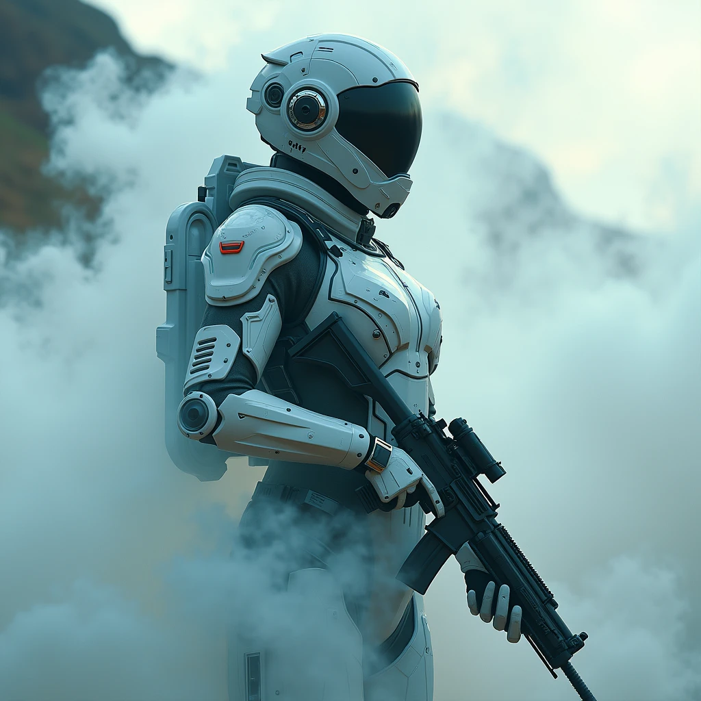 A picture made of smoke and water，Full protective helmet mask and future high-tech combat armor，Sci-fi female space warrior，Tactical equipment，Shooting stance，Battlefield environment，Art Photography
