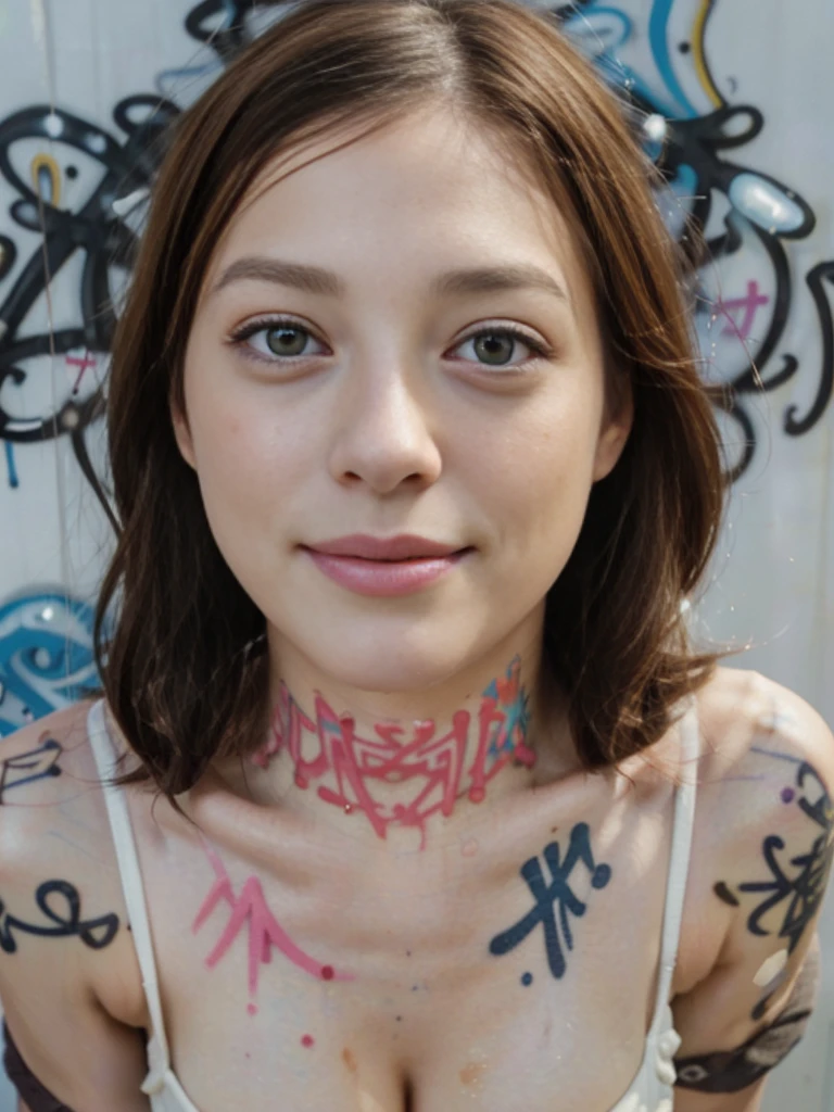 (best quality), (realistic, photo-realistic:1.3), (masterpiece:1.3), CG, unity, 8k, amazing, finely detail, ultra-detailed, highres, absurdres, (1 girls), solo, cute, ((thigh:1.4)), sexy body, (beautiful face), delicate facial features, a fusion of ((young Marion Cotillard's striking eyes: 1.1)) and ((young Anne Hathaway's introspective gaze : 1.2)), long and slender cute face, curved eyebrows, seductive smiling, droopy hooded eyes, low nasal bridge, wavy nose, thin lips, young asian, (looking at viewers), (bangs), (closed mouth:1.2), crop top, denim shorts, choker, (graffiti:1.4), paint splatter, against wall, looking at viewer, thigh strap, paint on body, head tilt, bored, ((multicolored hair)), (bangs), aqua eyes, extremely delicate and beautiful, extremely detailed, beautiful detailed girl, best shadow, extremely detailed eyes and face, beautiful detailed nose, beautiful detailed hand, beautiful delicate glossy lips:0.8, (glossy face and body skin), ((oily body skin)), ((dramatic light)), AnneH, marioncotillard,