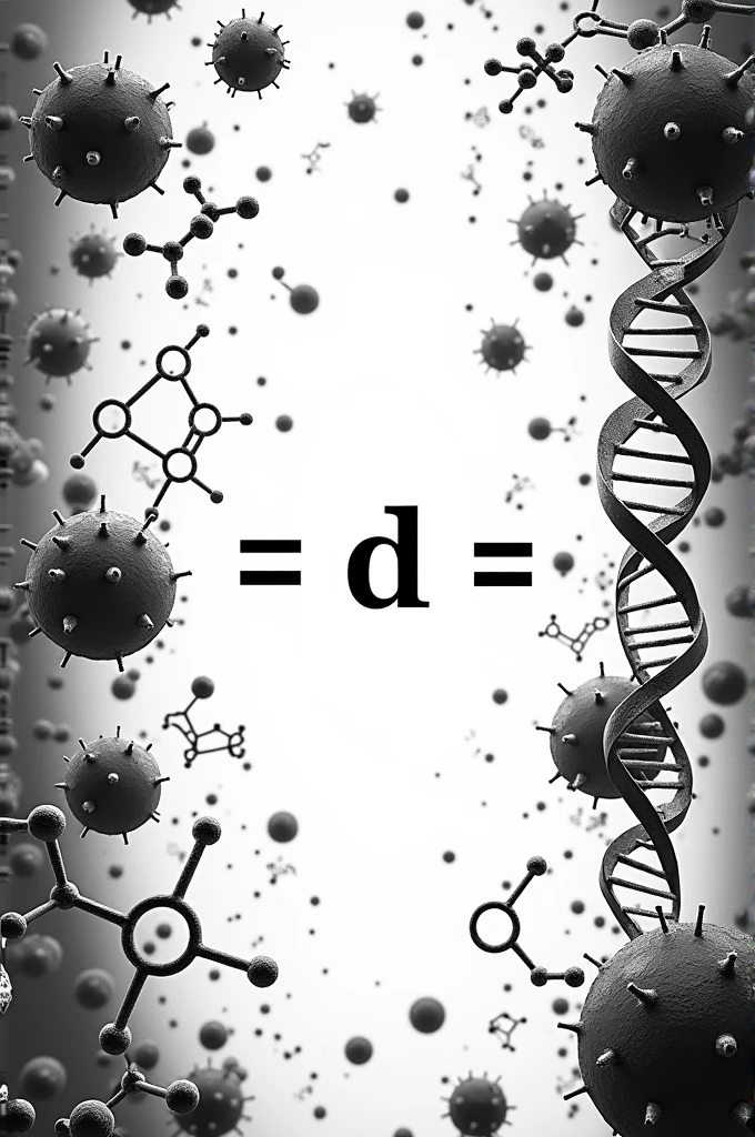 Black and white png image, Dirac's equation bordered with an atom, the DNA , with dopamine and serotonin