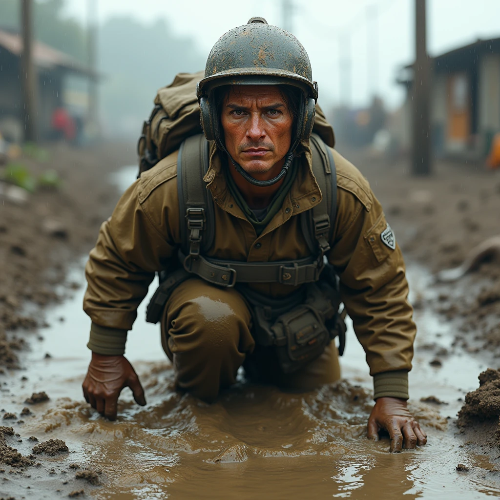 Civil defense worker waist-deep in mud