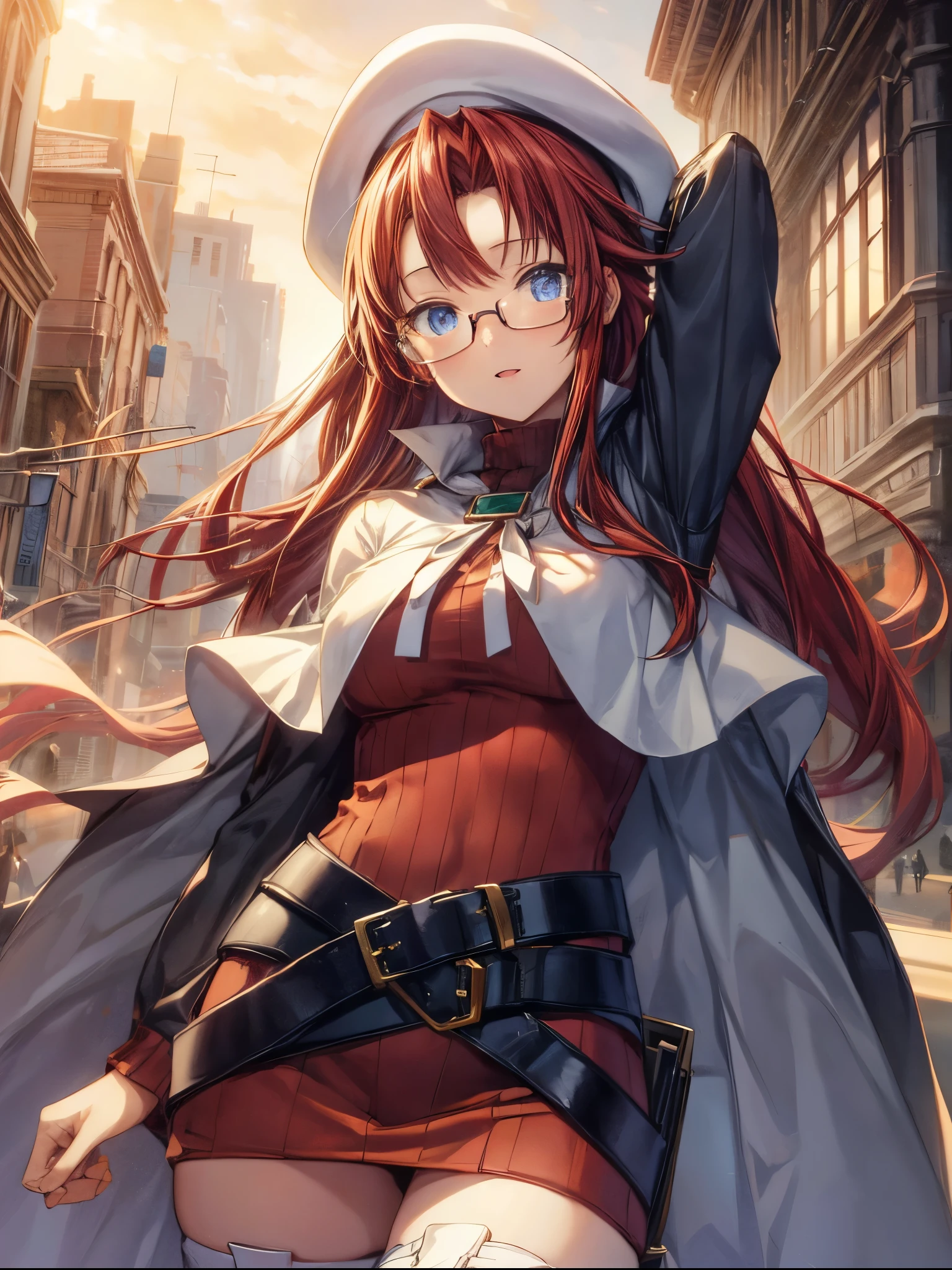 summonnightaty, aty, (young:1.3),long hair, blue eyes, red hair, large_breasts, glasses,
BREAK long hair, thighhighs, dress, glasses, belt, cape, sweater, zettai ryouiki, beret, thigh boots, white footwear, ribbed sweater, loose belt,solo,
BREAK outdoors, fantasy,,
,Highquality_hads,perfect_fingers,
BREAK (masterpiece:1.2), best quality, high resolution, unity 8k wallpaper, (illustration:0.8), (beautiful detailed eyes:1.6), extremely detailed face, perfect lighting, extremely detailed CG, (perfect hands, perfect anatomy),(covered_navel:0.8) ,half_eyes,hold_long_sword,sleepy_eyes,red_sweater,magical_effect, book,teacher,rise_knee,Smile,r,look_down_viewer,rise_hand,open_arms,night_town_landscape,plump,open_mouth, dynamic_posing,solo,put_hand_on_head