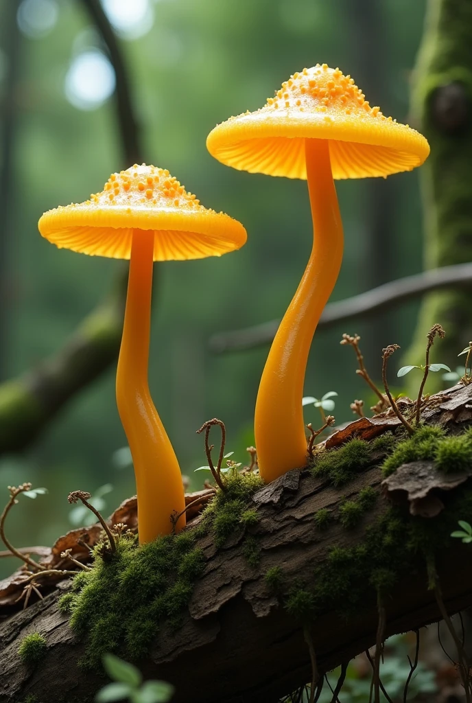Two long, thin mushrooms growing,Long stem,It's squishy like jelly.,Color is yellow,Growing from a fallen tree,
