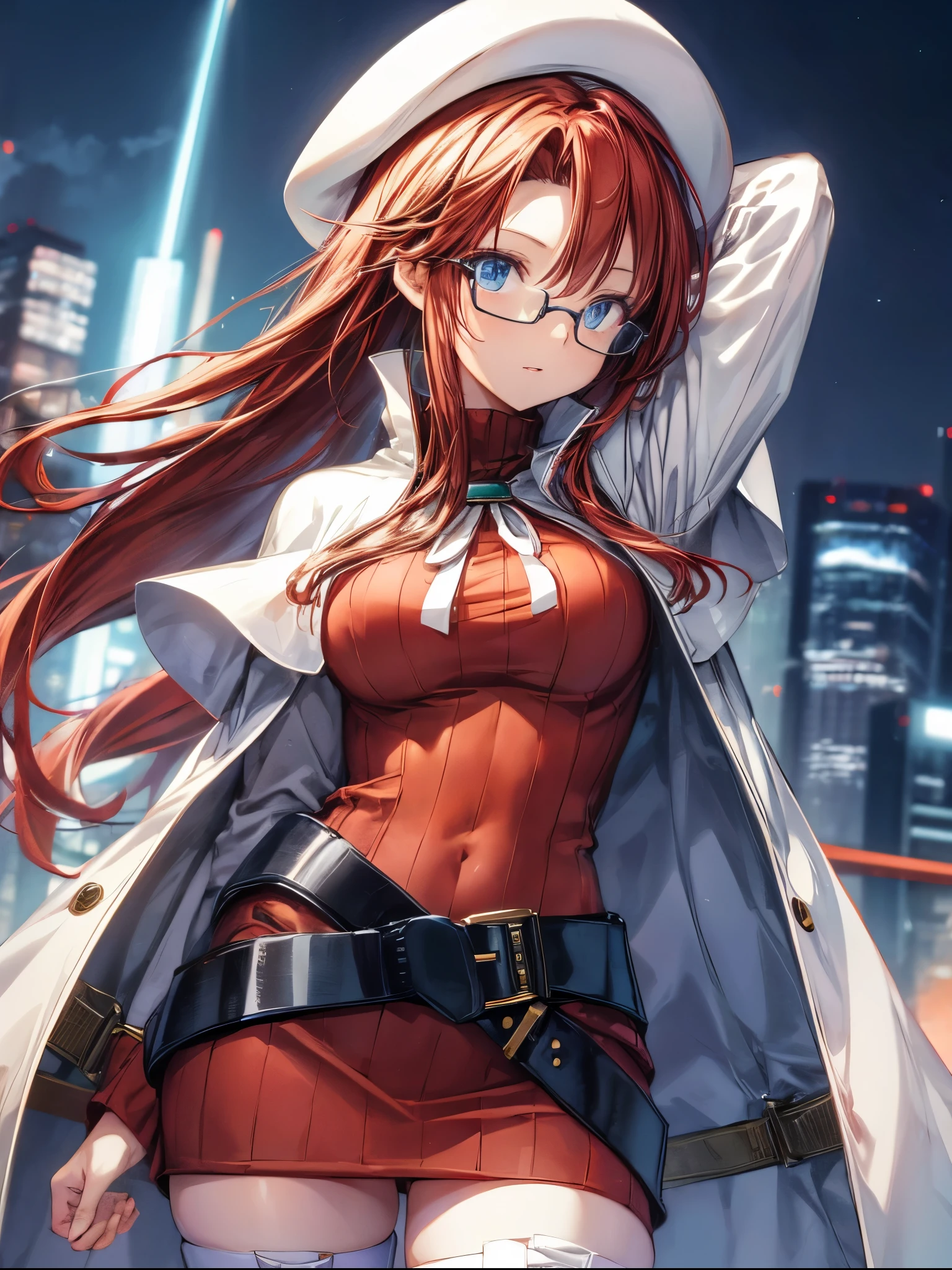 summonnightaty, aty, (young:1.3),long hair, blue eyes, red hair, large_breasts, glasses,
BREAK long hair, thighhighs, dress, glasses, belt, cape, sweater, zettai ryouiki, beret, thigh boots, white footwear, ribbed sweater, loose belt,solo,
BREAK outdoors, fantasy,,
,Highquality_hads,perfect_fingers,
BREAK (masterpiece:1.2), best quality, high resolution, unity 8k wallpaper, (illustration:0.8), (beautiful detailed eyes:1.6), extremely detailed face, perfect lighting, extremely detailed CG, (perfect hands, perfect anatomy),(covered_navel:0.8) ,half_eyes,hold_long_sword,sleepy_eyes,red_sweater,magical_effect, book,teacher,rise_knee,Smile,r,look_down_viewer,rise_hand,open_arms,night_town_landscape,plump,open_mouth, dynamic_posing,solo,put_hand_on_head