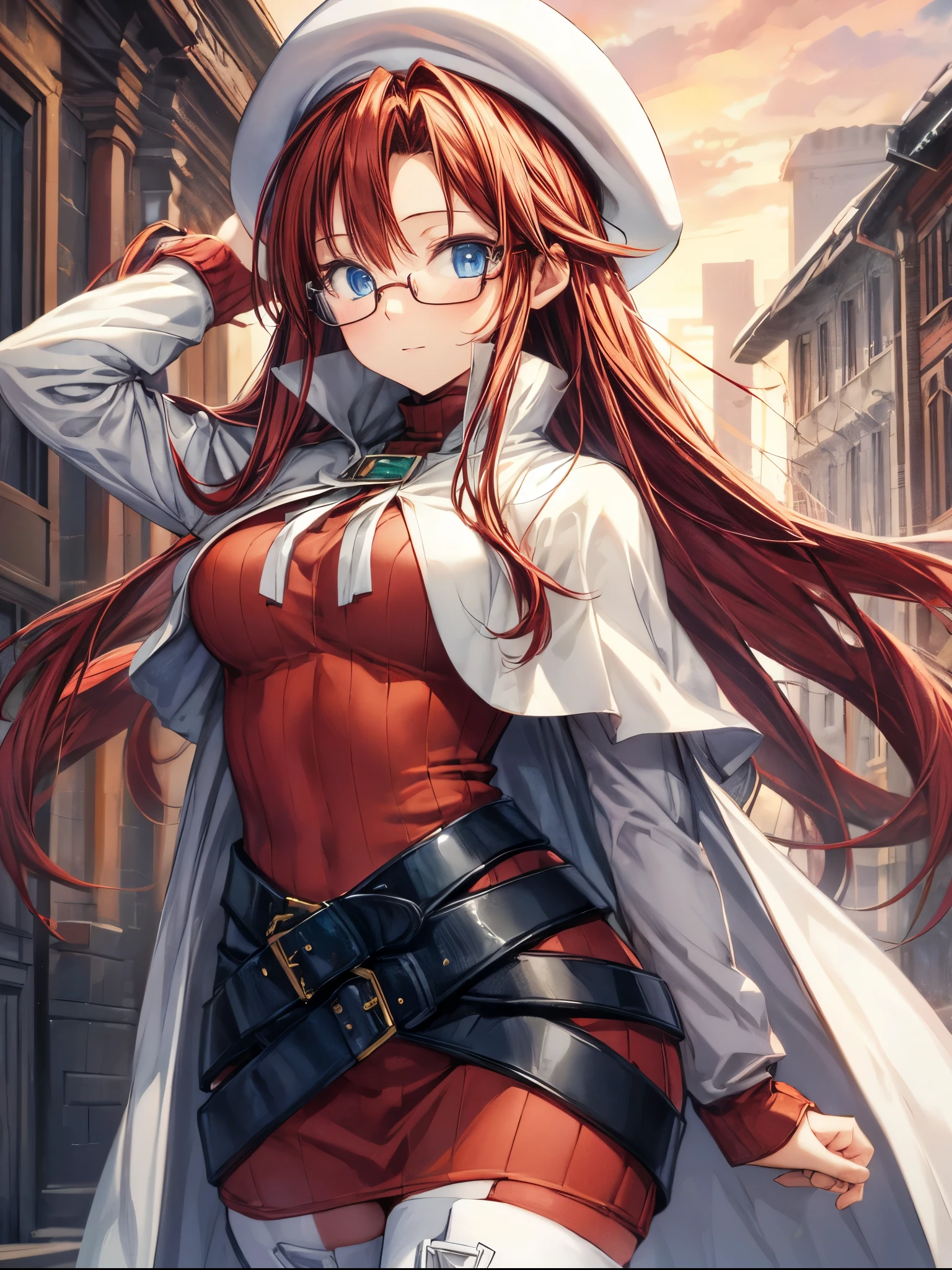 summonnightaty, aty, (young:1.3),long hair, blue eyes, red hair, large_breasts, glasses,
BREAK long hair, thighhighs, dress, glasses, belt, cape, sweater, zettai ryouiki, beret, thigh boots, white footwear, ribbed sweater, loose belt,solo,
BREAK outdoors, fantasy,,
,Highquality_hads,perfect_fingers,
BREAK (masterpiece:1.2), best quality, high resolution, unity 8k wallpaper, (illustration:0.8), (beautiful detailed eyes:1.6), extremely detailed face, perfect lighting, extremely detailed CG, (perfect hands, perfect ???????),(covered_navel:0.8) ,half_eyes,hold_long_sword,sleepy_eyes,red_sweater,magical_effect, book,teacher,rise_knee,Smile,r,look_down_viewer,rise_hand,open_arms,night_town_landscape,plump,open_mouth, dynamic_posing,solo,put_hand_on_head
