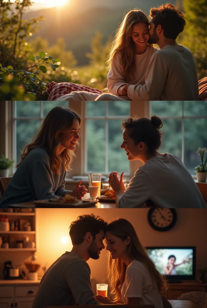 A montage of Alex and Jamie spending time together—going on hikes, cooking dinner, and watching movies. They look happy and content in each scene.