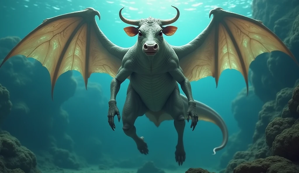 Front view,There is a creature growing underwater,It has the body of a fish, the head of a cow and the tail of a snake.,Wings growing from the ribs(best quality,4K,8k,High level,masterpiece:1.2),Ultra Detailed,(lifelike,Photo real,Photo real:1.37)