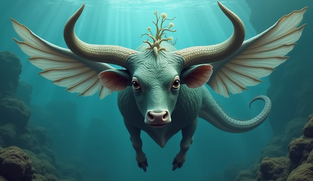 Front view,There is a creature growing underwater,It has the body of a fish, the head of a cow and the tail of a snake.,Wings growing from the ribs(best quality,4K,8k,High level,masterpiece:1.2),Ultra Detailed,(lifelike,Photo real,Photo real:1.37)