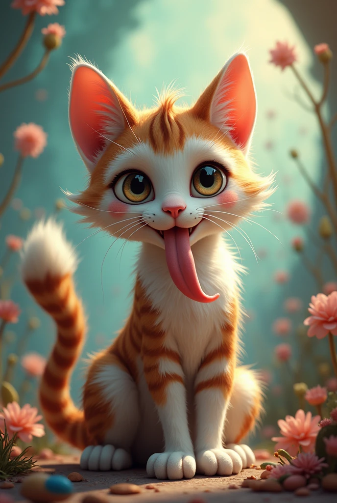 A furry teenager cat with a kid sitting on the top his tongue