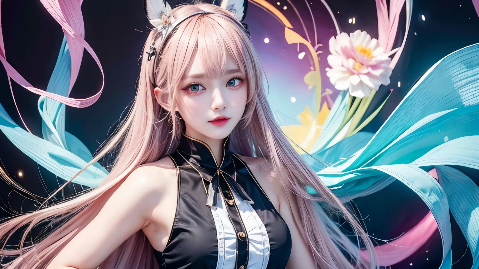 (((masterpiece, highest quality, high resolution))), 16K, Blake. ((StyleofEpic Seven))),  Blake, face detail, one girl, hair is a gradient color that changes from soft pink to pastel blue to mint green, be sure to change hairstyle: 1.3, accessories, elaborate military-style alchemist uniform. Y2K alchemist uniform look with detailed embroidery and cute designs with high exposure, multicolored trim, detailed details. Mini skirt with detailed accents layered: 1.3, (Menhera Gothic Fashion), (Style of Epic Seven), D-cup cleavage, Blake, very bright colors, light gathering spirit animal, light particles, glowing, Mshiff, wallpaper art change, UHD wallpaper, cowboy shot, action pose change,Mizuki_Lin