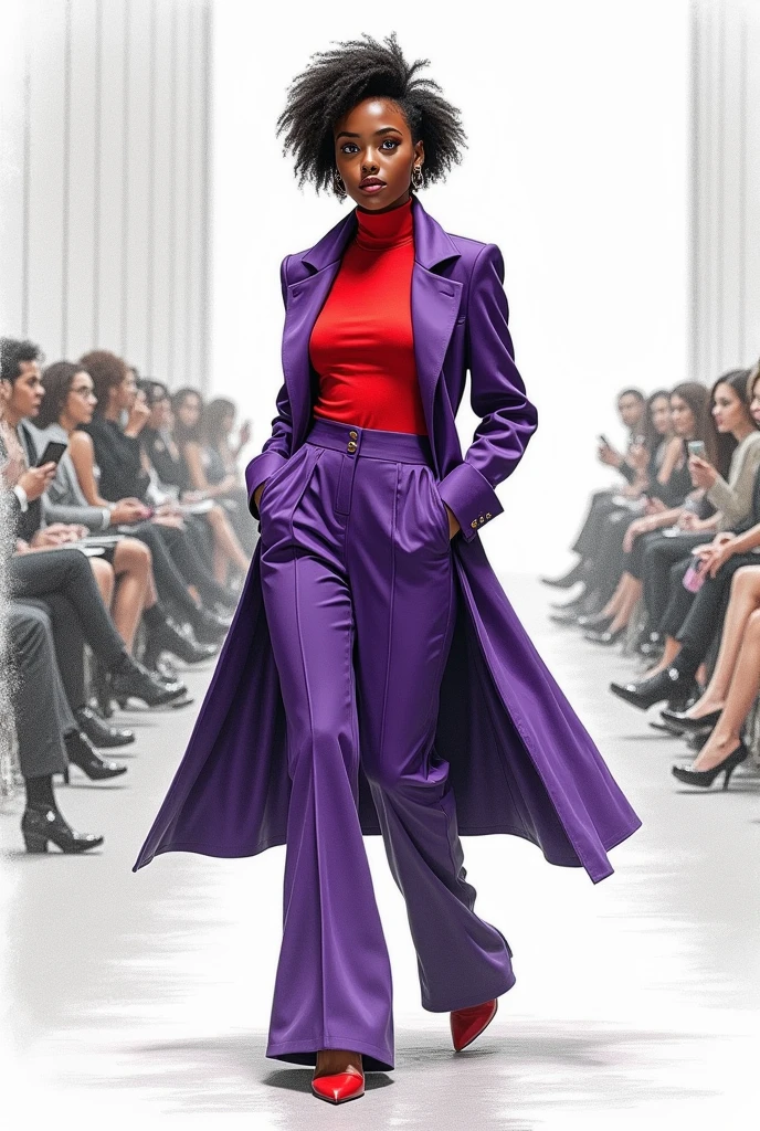 In pencil sketches draw an African woman with short curly hair, brown skin tone, beautiful face, hourglass figure, wide leg trousers, red and a long purple luxury coat on a fashion ranway