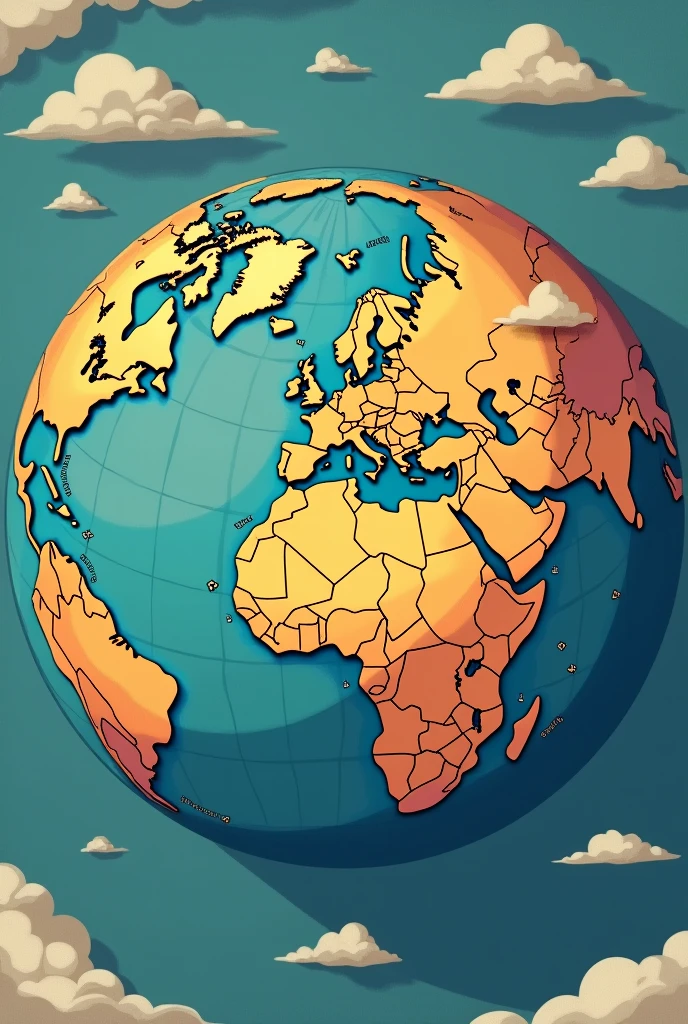 Mapa político mundial de Elandndor en la ilustración de vector de paleta de colores retro plano
1. **General Shape of the Planet:**
- **Spherical shape:** Representa un planeta redondeado with detalles geográficos visibles.
2. **continents:**
- **Continent of Lumara:**
- Located in the Western Hemisphere.
- Prominent mountains like the **Montañas de Vandlorin** To the north.
- Grandes ríos que fluanden hacia el sur, like the **Rivers of Elara**.
- Extensive **Eldoria Forests** To the center.
- **Continent of Eilara:**
- Located in the eastern hemisphere.
- Wide **Eilara Plains** In the middle.
- **Deserts of the West** in the western region.
- **Eastern Forests** in the eastern region.
- **Continent of Drakonia:**
- In the southern hemisphere.
- **Montañas de Drawithia** To the center, with valles alrededor.
- **Valleys of Ignis** in the east.
- **Northern Plains** en el norte del withtinente.
3. **Reinos and Imperios:**
- **Empire of Lumara:** Dominante In the middle de **Lumara**.
- **Eilara Empire:** Spreading across the **Eilara Plains**.
- **Drakonia Empire:** Centrando el withtinente de **Drakonia**.
- **Kingdom of Arion:** In the central region of Lumara, near the **Arion Forests**.
- **Kingdom of Selarin:** In the **Forge Mountains** and **Mining Plains**.
- **Kingdom of Faeloria:** West in Lumara, near the **Faelorian Forests**.
- **Kingdom of Andaria:** South of Eilara, with **Night Lands**.
- **Kingdom of Veridia:** West of Eilara, with **Green Plains**.
- **Kingdom of Aradia:** Al is, near the **Deserts of Aradia**.
- **Kingdom of Iskandar:** In the south, surrounded by the **Iskandar Sea**.
- **Kingdom of Eldoria:** To the north, with **Eldoria Mountains**.
- **Reino de Nefaria:** In the northeast, with **Forests of Nefaria** and **Pantanos de Nefaria**.
4. **Additional Features:**
- **Océanos and Mares:** They surround the
