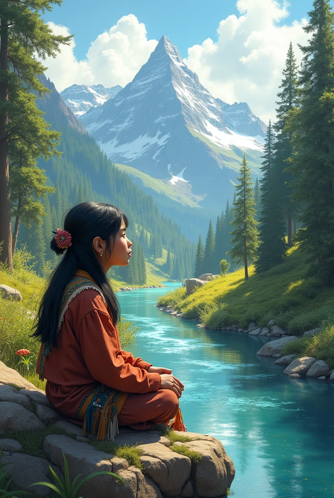 Indigenous child, Beautiful landscape, thinking in numbers, with an indigenous elder, telling stories 