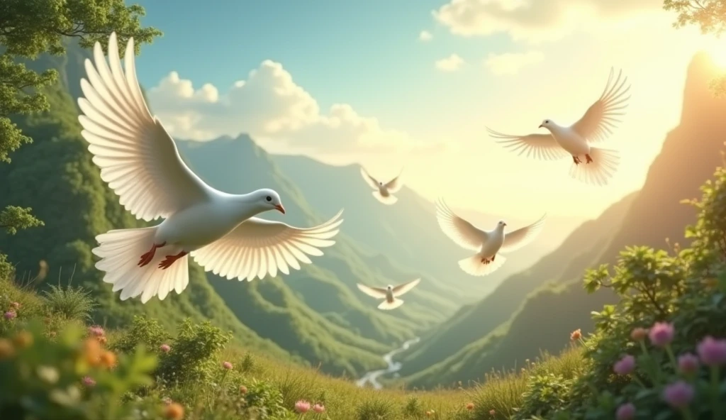 valley with sunbeams and white doves of peace flying