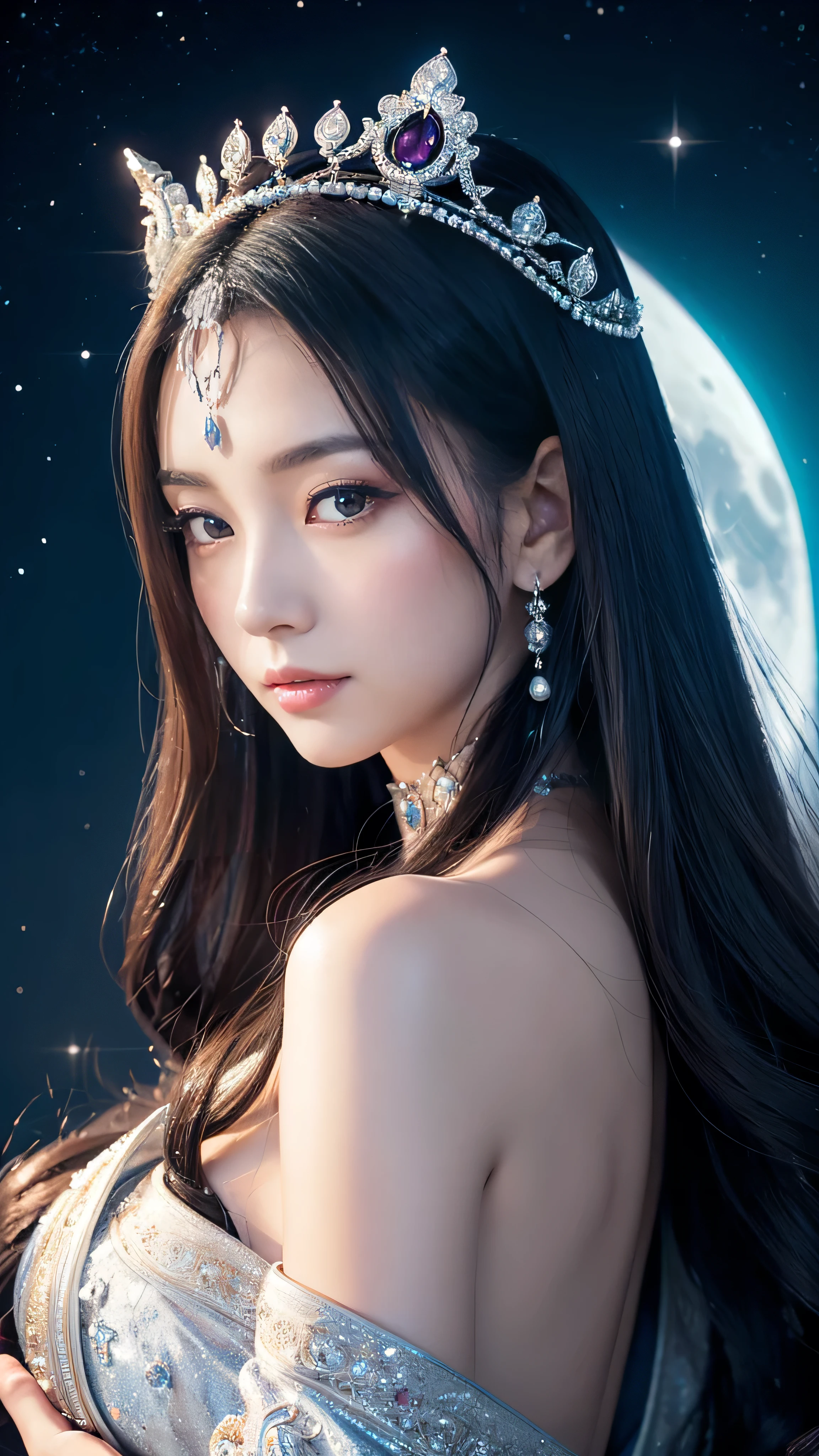 ( high quality , Extremely detailed, careful hand )Constellation-Sagittarius Goddess , Similar to Latin goodness . optimistic, fair, Funny and intelligent face . reckless, Ruthless, impatient, Overconfident style . Deep blue eyes (Eye details) , Dark blue hair，shining , Transparent dress , In the starry sea , whole body , Fire Makeup , Chiron
