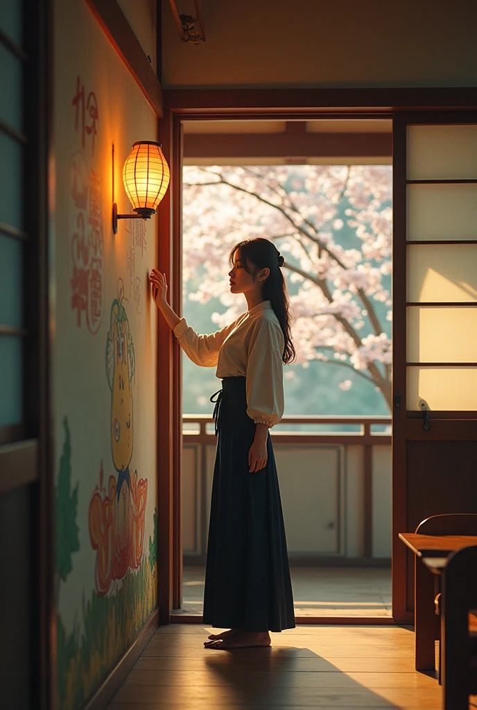 A serene yet emotionally charged moment inside an unassuming Japanese day care center. A beautiful actress in her early 30s, her face a canvas of mixed feelings—sadness, nostalgia, and a hint of excitement, stands in the center of the room. She is dressed in a female ninja kunoichi, a stark contrast to the vibrant, child-friendly decorations that adorn the walls. The room is filled with toys, tiny tables, and chairs, hinting at the laughter and joy that usually fills the space. The light from a paper lantern casts a warm glow across the floor, creating a tranquil ambiance despite the absence of children. She gently closes the traditional sliding door, known as a "shoji," with a soft "shh" sound, as if not to disturb the memories that linger within. Her fingers trace the wall, pausing at a particular spot—a silent narrator of a tale untold. The wall bears the faded remnants of a mural, which she helped paint in her youth, now serving as a poignant reminder of her first love's touch. The mural, once bright and hopeful, mirrors her past self, now softened by the passage of time. Leaning back against the wall, she lifts her hand above her head, reliving the moment of her lost innocence. The wall seems to hold her up, a silent confidant to her silent reenactment. Her eyes are closed, lost in the sweet ache of the past. The scene is framed by a window with a view of a cherry blossom tree, its petals fluttering outside like whispers of forgotten secrets. The holiday emptiness of the room is palpable, emphasizing her solitude in this intimate moment of reflection. The image captures the delicate interplay of time, memory, and pAersonal growth, set against the backdrop of a place that once held the purest of beginnings.