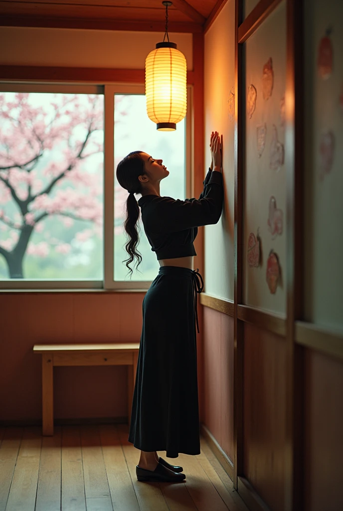 A serene yet emotionally charged moment inside an unassuming Japanese day care center. A beautiful actress in her early 30s, her face a canvas of mixed feelings—sadness, nostalgia, and a hint of excitement, stands in the center of the room. She is dressed in a female ninja kunoichi, a stark contrast to the vibrant, child-friendly decorations that adorn the walls. The room is filled with toys, tiny tables, and chairs, hinting at the laughter and joy that usually fills the space. The light from a paper lantern casts a warm glow across the floor, creating a tranquil ambiance despite the absence of children. She gently closes the traditional sliding door, known as a "shoji," with a soft "shh" sound, as if not to disturb the memories that linger within. Her fingers trace the wall, pausing at a particular spot—a silent narrator of a tale untold. The wall bears the faded remnants of a mural, which she helped paint in her youth, now serving as a poignant reminder of her first love's touch. The mural, once bright and hopeful, mirrors her past self, now softened by the passage of time. Leaning back against the wall, she lifts her hand above her head, reliving the moment of her lost innocence. The wall seems to hold her up, a silent confidant to her silent reenactment. Her eyes are closed, lost in the sweet ache of the past. The scene is framed by a window with a view of a cherry blossom tree, its petals fluttering outside like whispers of forgotten secrets. The holiday emptiness of the room is palpable, emphasizing her solitude in this intimate moment of reflection. The image captures the delicate interplay of time, memory, and pAersonal growth, set against the backdrop of a place that once held the purest of beginnings.