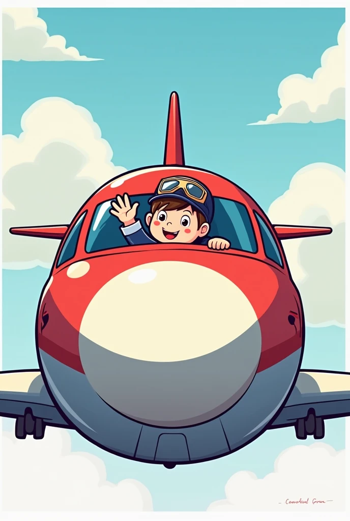 Create a vector sticker image of airplane with a pilot head seen outside waving happily