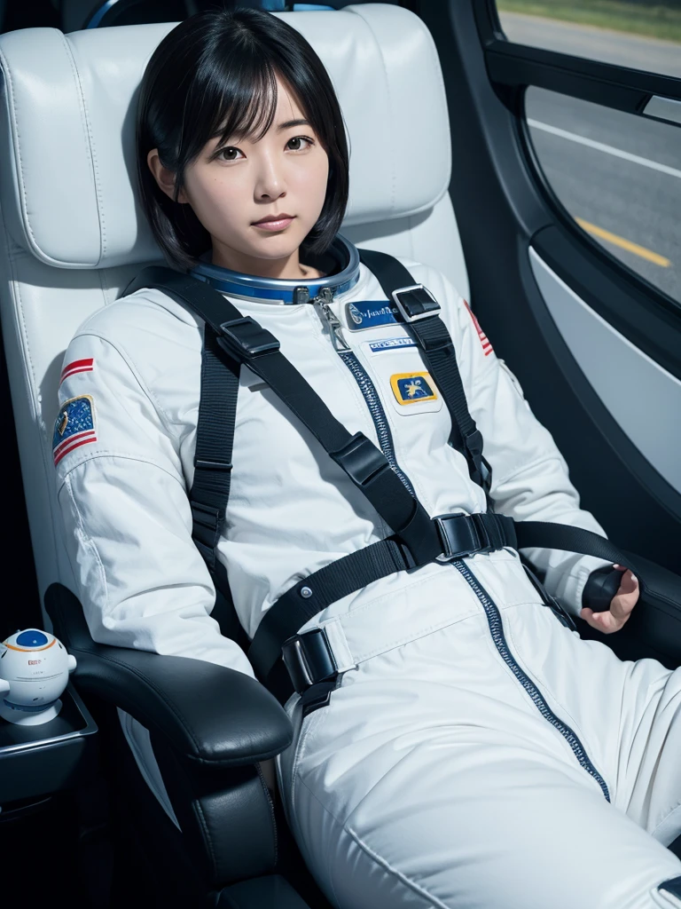 Japanese female astronaut,Black Hair,Space capsule,I was completely strapped into a reclined seat with a thick harness, so I couldn&#39;t move.,Plump,Squat,Surrounded by switches and monitors,