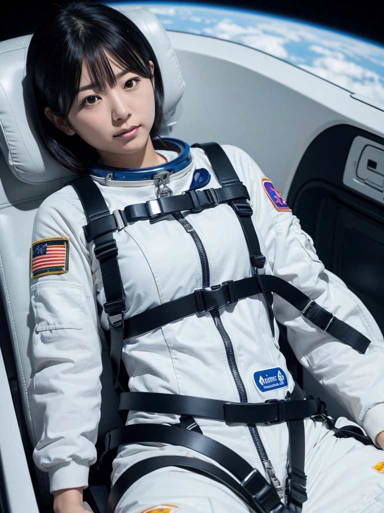 Japanese female astronaut,Black Hair,Space capsule,I was completely strapped into a reclined seat with a thick harness, so I couldn&#39;t move.,Plump,Squat,Surrounded by switches and monitors,