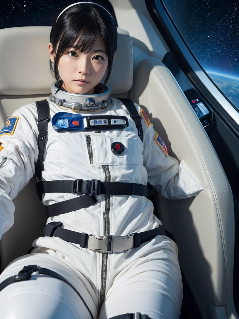 Japanese female astronaut,Black Hair,Space capsule,I was completely strapped into a reclined seat with a thick harness, so I couldn't move.,Plump,Squat,Surrounded by switches and monitors,