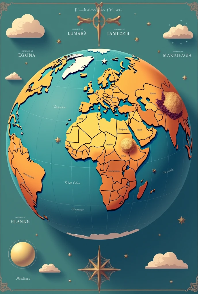 Mapa político mundial de Elandndor en la ilustración de vector de paleta de colores retro plano
1. **General Shape of the Planet:**
- **Spherical shape:** Representa un planeta redondeado with detalles geográficos visibles.
2. **continents:**
- **Continent of Lumara:**
- Located in the Western Hemisphere.
- Prominent mountains like the **Montañas de Vandlorin** To the north.
- Grandes ríos que fluanden hacia el sur, like the **Rivers of Elara**.
- Extensive **Eldoria Forests** To the center.
- **Continent of Eilara:**
- Located in the eastern hemisphere.
- Wide **Eilara Plains** In the middle.
- **Deserts of the West** in the western region.
- **Eastern Forests** in the eastern region.
- **Continent of Drakonia:**
- In the southern hemisphere.
- **Montañas de Drawithia** To the center, with valles alrededor.
- **Valleys of Ignis** in the east.
- **Northern Plains** en el norte del withtinente.
3. **Reinos and Imperios:**
- **Empire of Lumara:** Dominante In the middle de **Lumara**.
- **Eilara Empire:** Spreading across the **Eilara Plains**.
- **Drakonia Empire:** Centrando el withtinente de **Drakonia**.
- **Kingdom of Arion:** In the central region of Lumara, near the **Arion Forests**.
- **Kingdom of Selarin:** In the **Forge Mountains** and **Mining Plains**.
- **Kingdom of Faeloria:** West in Lumara, near the **Faelorian Forests**.
- **Kingdom of Andaria:** South of Eilara, with **Night Lands**.
- **Kingdom of Veridia:** West of Eilara, with **Green Plains**.
- **Kingdom of Aradia:** Al is, near the **Deserts of Aradia**.
- **Kingdom of Iskandar:** In the south, surrounded by the **Iskandar Sea**.
- **Kingdom of Eldoria:** To the north, with **Eldoria Mountains**.
- **Reino de Nefaria:** In the northeast, with **Forests of Nefaria** and **Pantanos de Nefaria**.
4. **Additional Features:**
- **Océanos and Mares:** They surround the