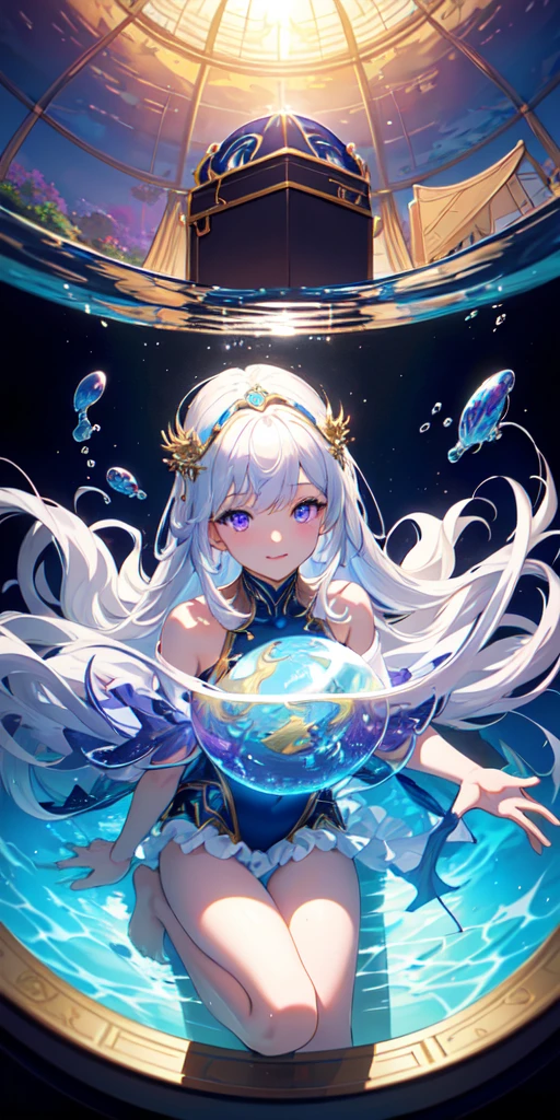 [(Transparent background:1.5)::5],(((masterpiece))),(((best quality))),(((extremely detailed))),illustration, 1girl,solo,mysterious,vivid color,shiny, underwater transparent sealed hemispherical glass dome, (white hair),(purple eyes), full body,barefoot,long hair tranquil nature, koi,Underwater, Dome,close up,Dynamic actions,Lens perspective,(((Box composition))),sit cross-legged and lean against the bookshel, volumetric lighting, multi-color eyes, detailed eyes, hyper detailed,light smile, highly detailed, beautiful, small details, ultra detailed, best quality, intricate, 4k, 8k, trending on artstation, good anatomy, beautiful lighting, award-winning,