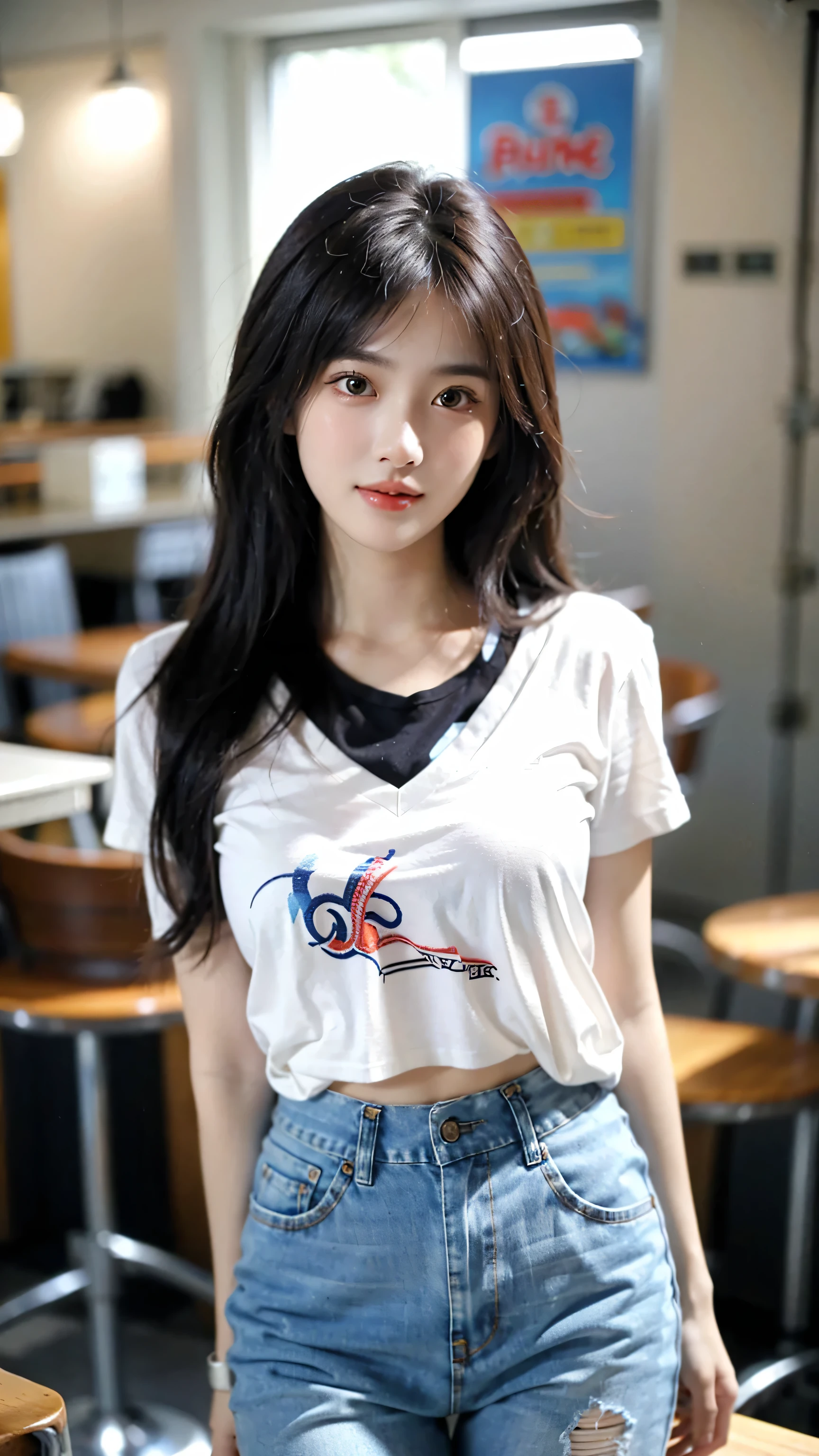 (8k, RAW Photo, Best Quality, Masterpiece:1.2), table top, Ultra Detail, Super Resolution, (Realistic, Realistic Photo:1.37), Portrait, High Detail RAW Color Photo, Professional Photo, Extremely Detailed and Beautiful, Extremely detailed, 8k wallpaper, amazing and detailed, huge file size, official art, highly detailed CG unity 8k wallpaper, highly detailed beautiful girl, highly detailed face, highly detailed eyes, highly detailed skin, highly detailed fingers, highly detailed nose, very detailed detailed mouth , perfect anatomy, highly detailed background, highly detailed clothes, 1girl, 1 girl, cute girl, realistic body, fair skin, glowing skin , slim body, handsome body, black hair , semilong hair, (blunt bangs:1.2), smile, cute, youthful, cute face, realistic face, delicate eyes, drooping eyes, looking at viewer, facing front, standing posture, Contraposto,  (medium chest), (Perfect Body Proportions), (slender Body Proportions), super sexy pose, (white shirt), (jeans pants), (night pub), 