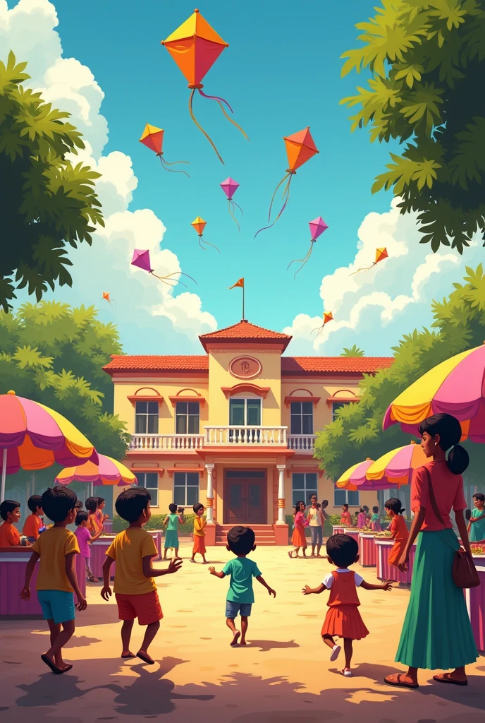 : A quaint school in a bustling Indian town. The school grounds are filled with the laughter of children, colorful kites flying, and the aroma of street food from nearby stalls.