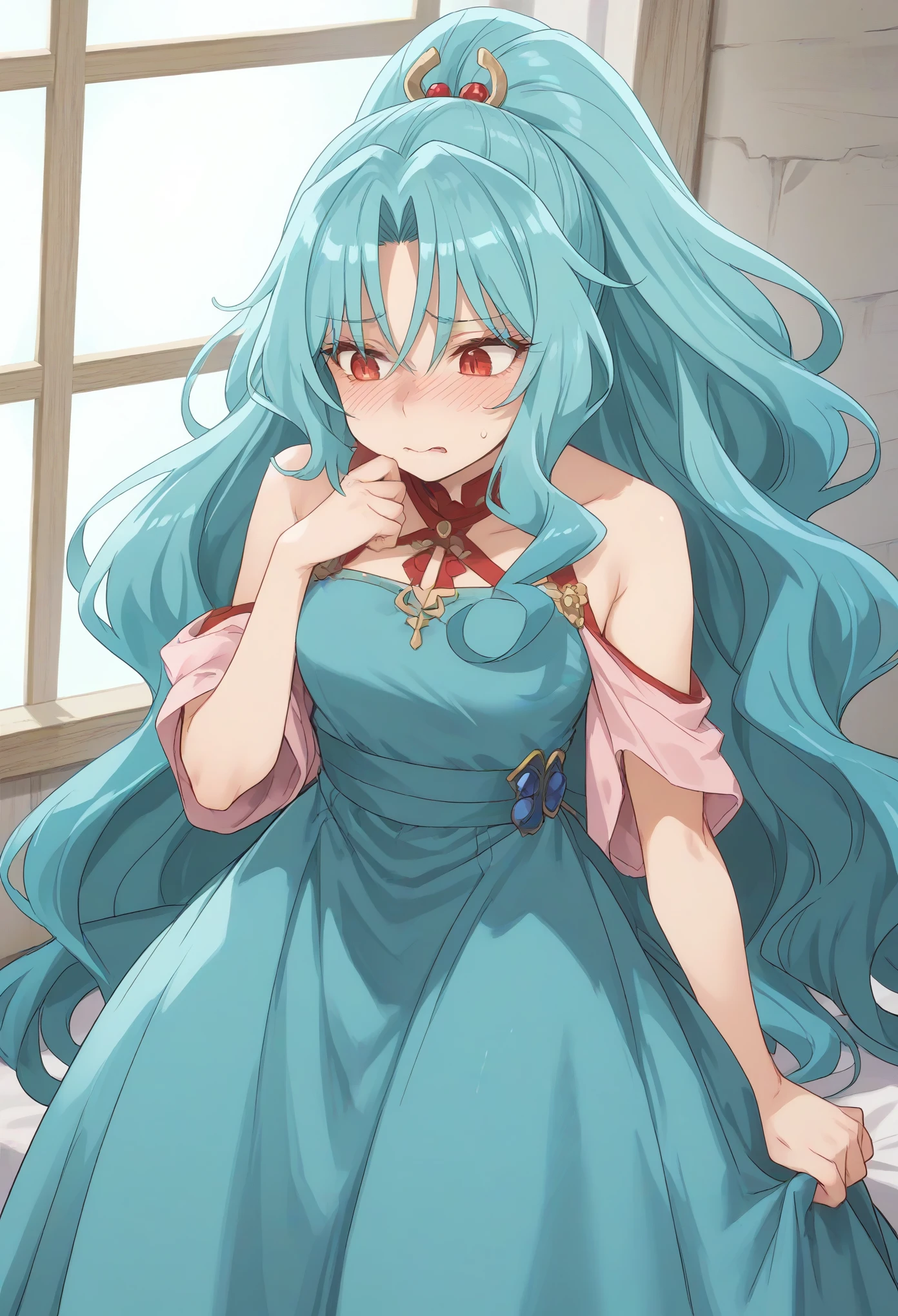 long hair aqua hair ponytail red eyes,slit pupils,((blue ball dress)),(embarrasment,blush,red face,looking away,looking down,bitting own lips)
