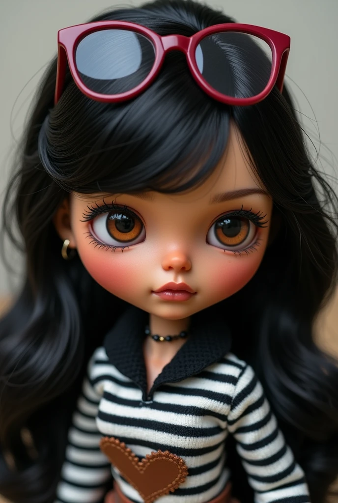 blythe doll , long wavy black hair , Brown eyes , light brown skin  , maroon glasses , black and white striped sweater