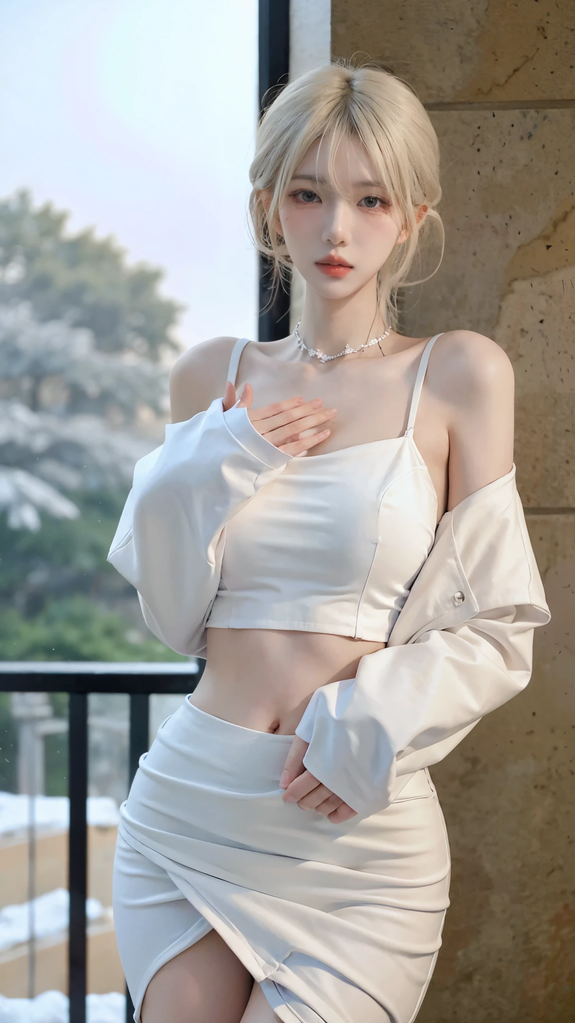 Beautiful woman with perfect figure:1.4,snow,Touching butt with both hands,snow background,Layered Hairstyle,White skin,Prominent cleavage,Pleated Skirt,whole body,Very delicate face and skin texture,Double eyelids,Skin Whitening,Long white hair