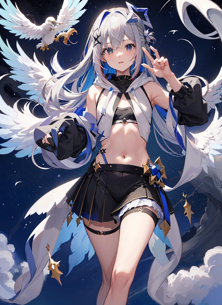 The Four Canatas,Hololive,Gray Hair,Angel Halo,(Cool pose,Dynamic pose),Night Sky,Top view,(One Girl,Black hoodie,whole body,Sleeveless,belly button,One white feather),((sea of clouds,A flying dragon in the background))