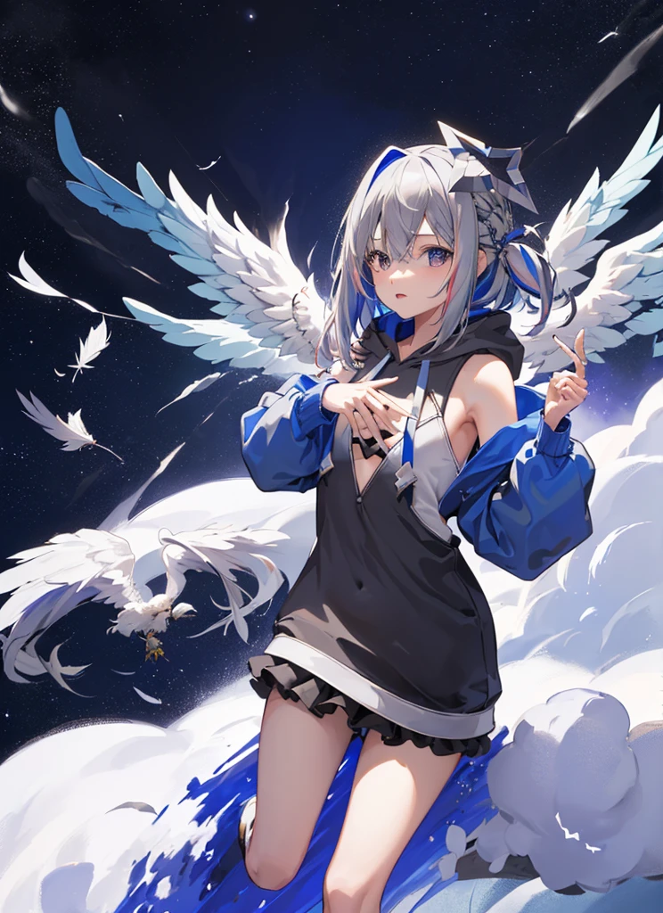 The Four Canatas,Hololive,Gray Hair,Angel Halo,(Cool pose,Dynamic pose),Night Sky,Top view,(One Girl,Black hoodie,whole body,Sleeveless,belly button,One white feather),((sea of clouds,A flying dragon in the background))