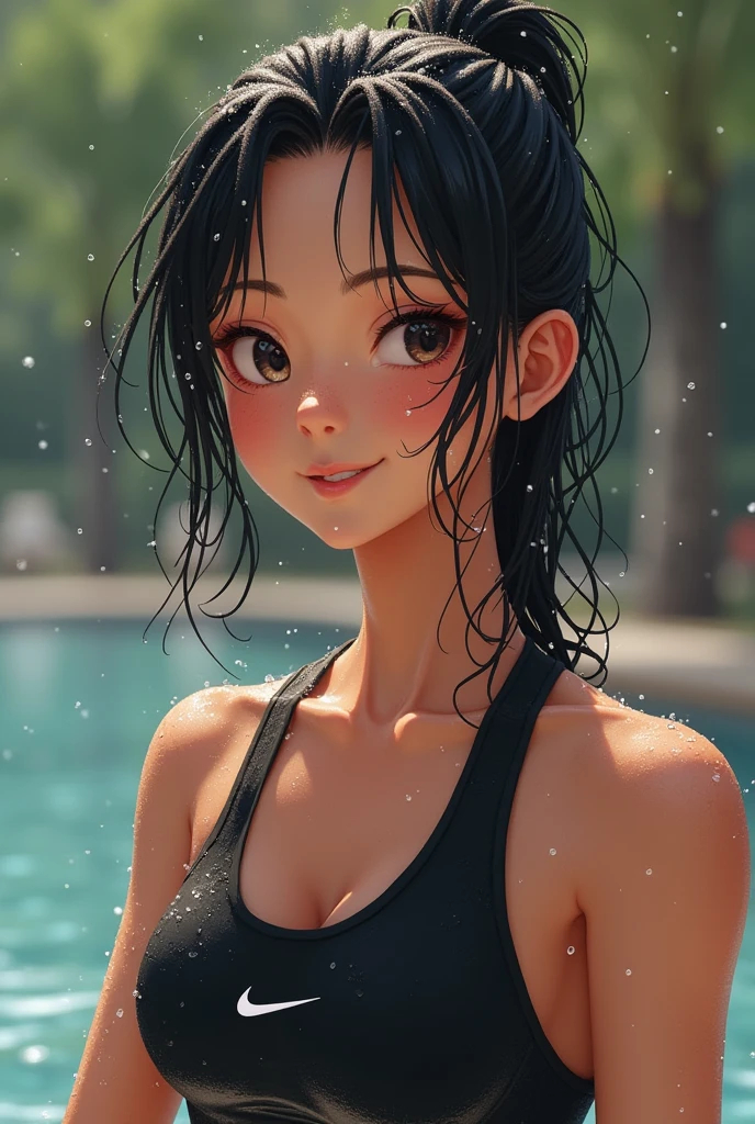 The girl wearing a black nike clothes was wet with water but smiled sweetly
